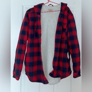 fuzzy flannel button up with hood
